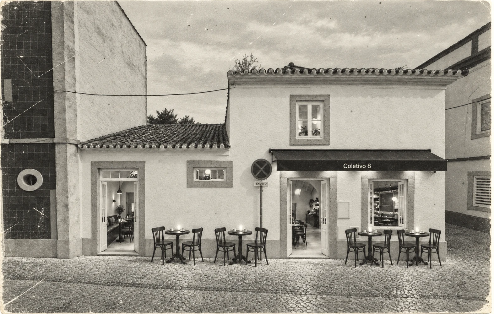 Proposta da fachada Coletivo 8 com tratamento de fotografia antiga, toldo e quatro mesas no exterior