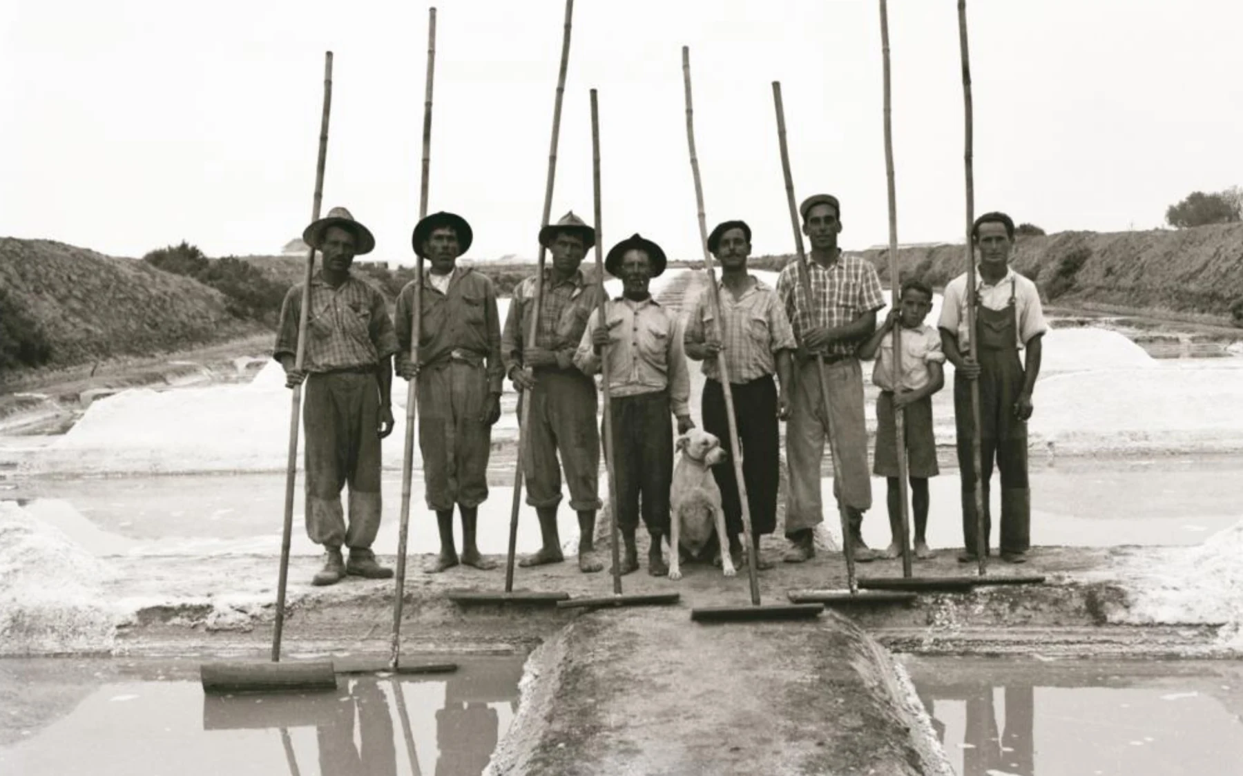 Fotografia antiga de trabalhadores nas salinas de Tavira, com os seus utensílios